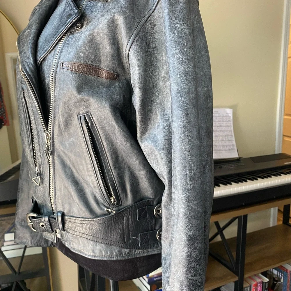 Womens distressed Harley Davidson leather moto jacket corset belt grey marled l - Picture 16 of 16